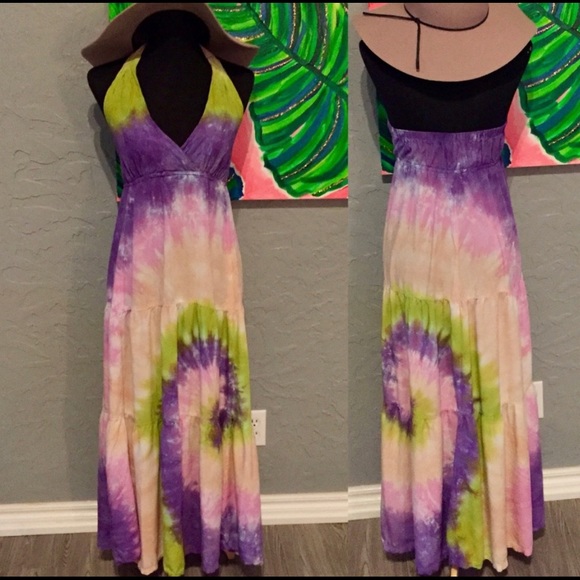 ✌️Hand Made✌️ Bohemian Tie Dye Halter Maxi Dress - Picture 4 of 7